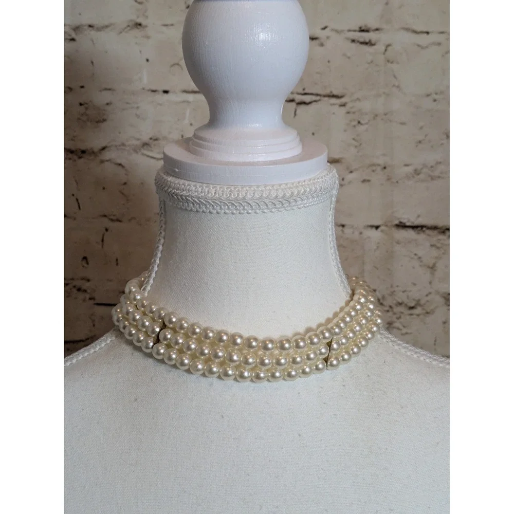 Vintage Faux Pearl Choker Necklace In Creamy Beads Multi Strand Romantic 14
